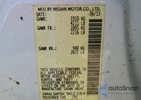 2013 Nissan Altima 2.5 из США, поврежденный, VIN 1N4AL3AP1DC902384